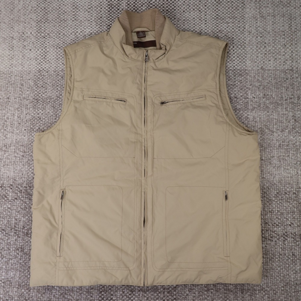 Perry Ellis Puffer Vest Mens XL Tan Good Full Zip Quilted Mock Neck Pockets
